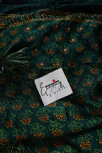 Zarina Green Ajrakh Modal Silk Saree with Artisan Handwork - Eternity by Sakshi