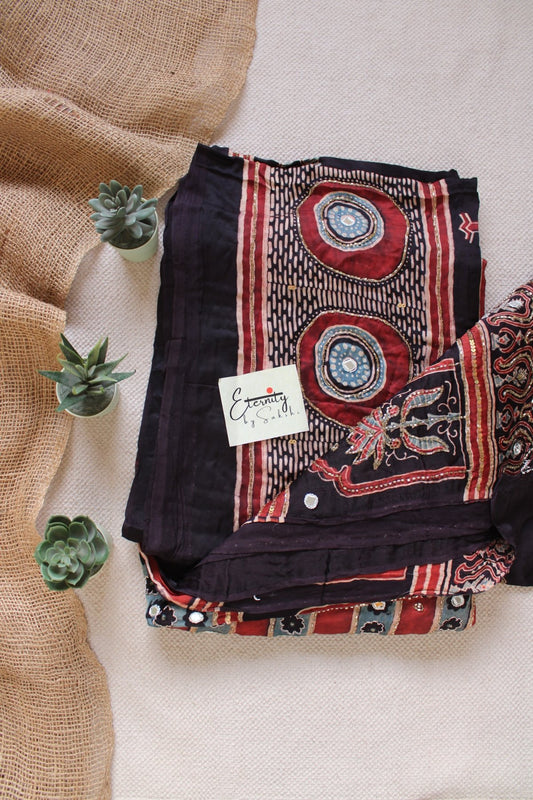 Shehnaaz Ajrakh Modal Silk Saree with Artisan Handwork - Eternity by Sakshi