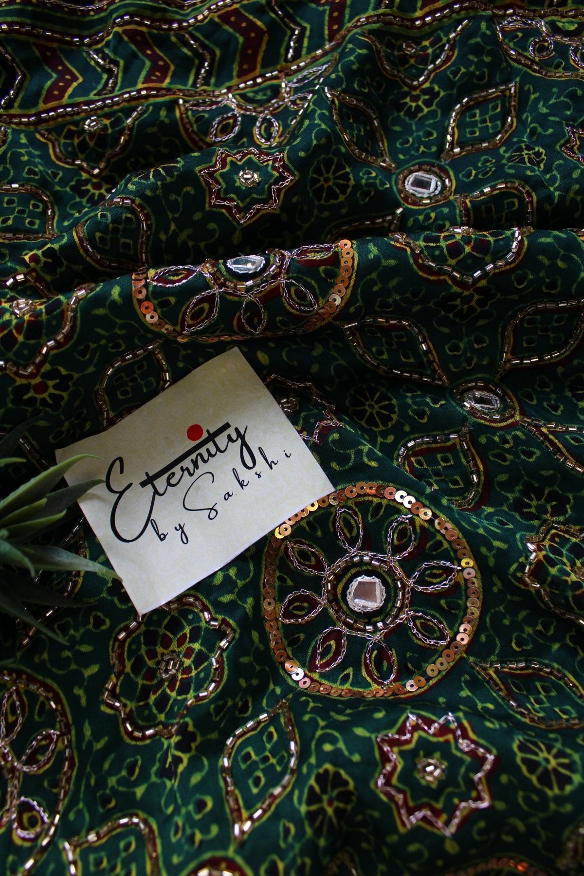 Zarina Green Ajrakh Modal Silk Saree with Artisan Handwork - Eternity by Sakshi