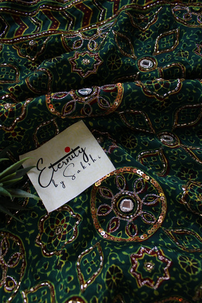 Zarina Green Ajrakh Modal Silk Saree with Artisan Handwork - Eternity by Sakshi