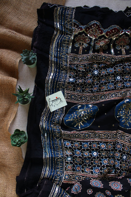 Adaah Ajrakh Modal Silk Saree with Artisan Handwork - Eternity by Sakshi