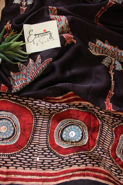 Shehnaaz Ajrakh Modal Silk Saree with Artisan Handwork - Eternity by Sakshi
