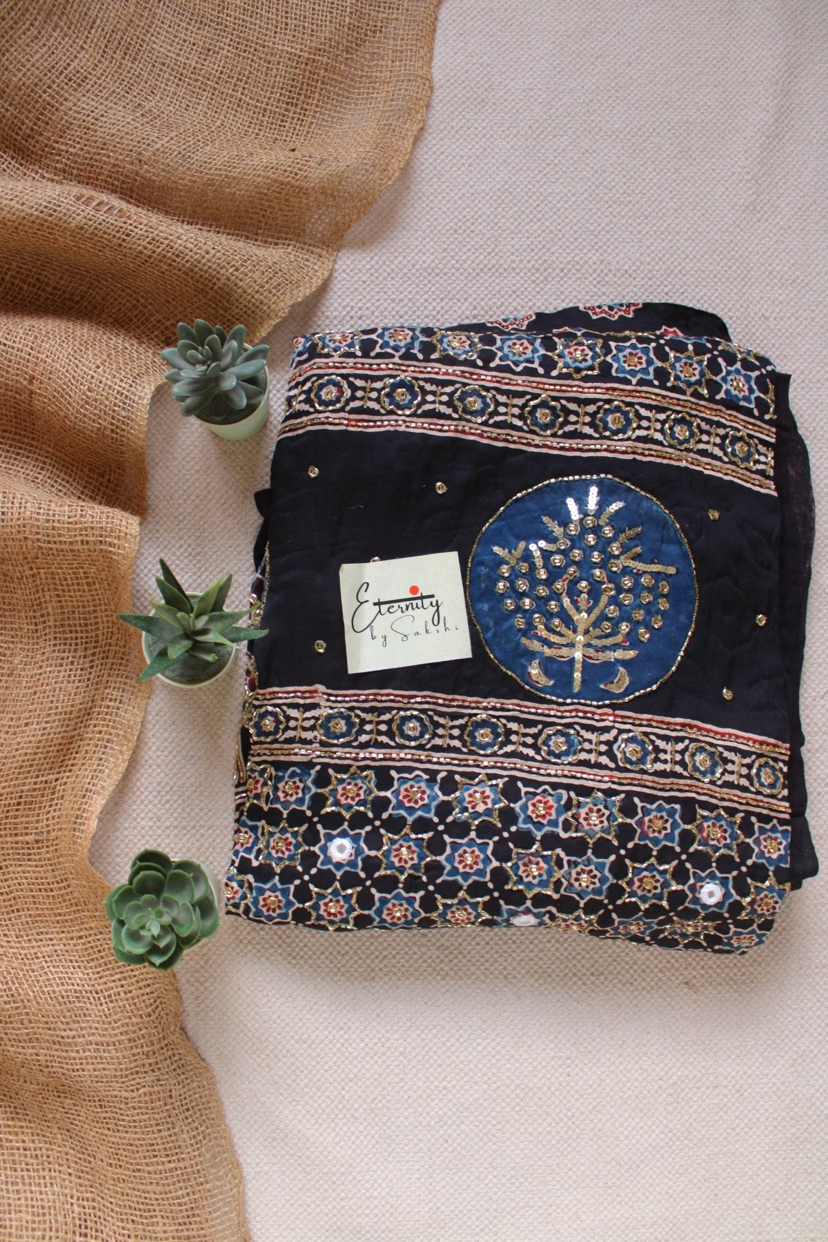 Adaah Ajrakh Modal Silk Saree with Artisan Handwork - Eternity by Sakshi