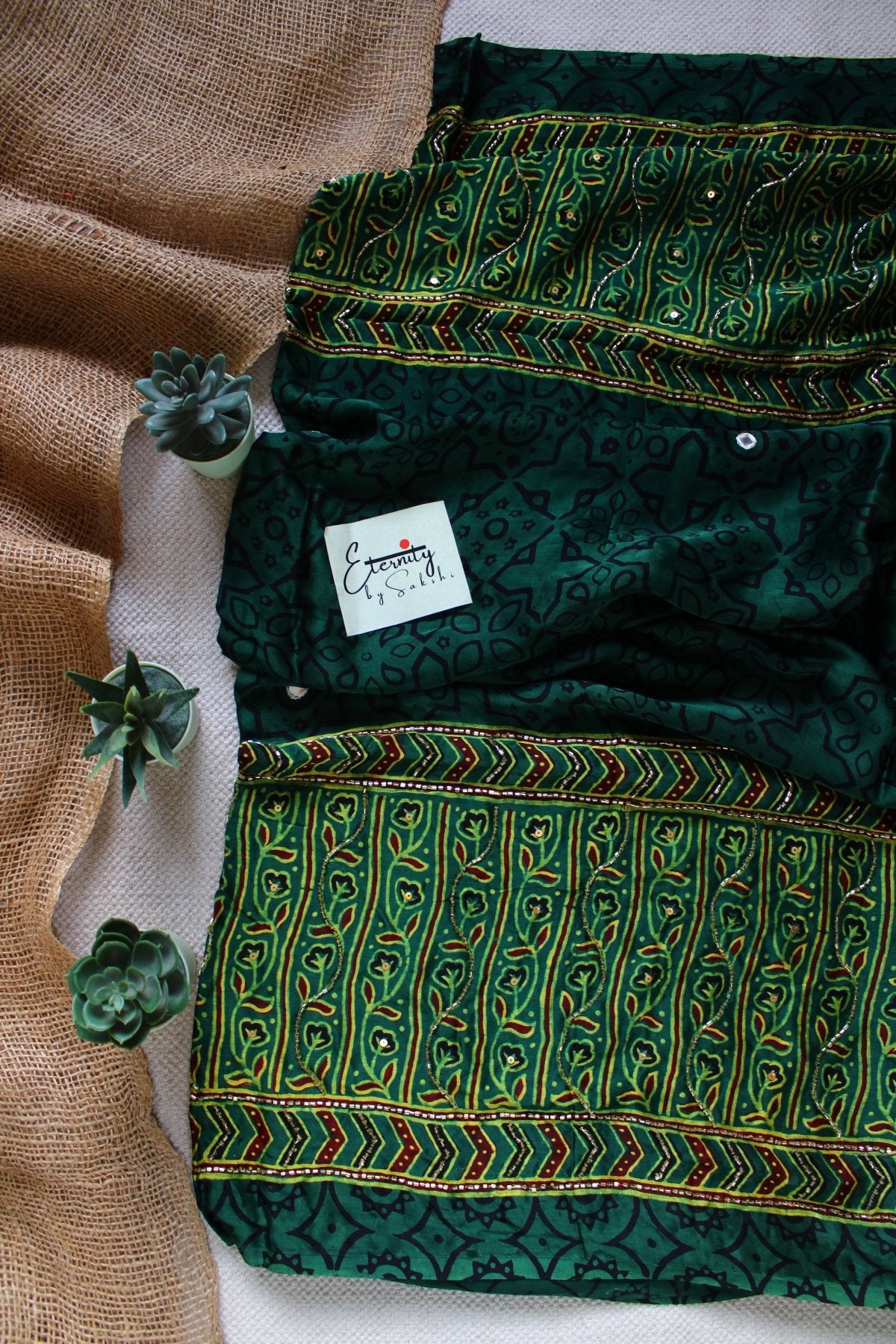 Zarina Green Ajrakh Modal Silk Saree with Artisan Handwork - Eternity by Sakshi