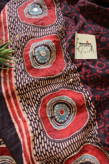 Shehnaaz Ajrakh Modal Silk Saree with Artisan Handwork - Eternity by Sakshi