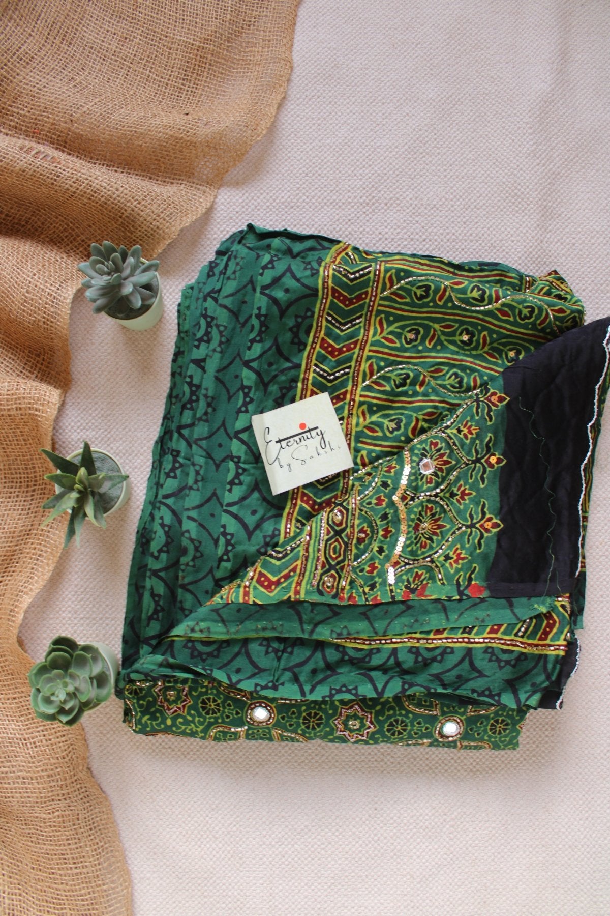 Zarina Green Ajrakh Modal Silk Saree with Artisan Handwork - Eternity by Sakshi