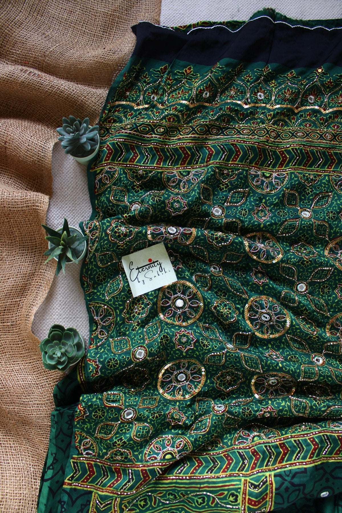 Zarina Green Ajrakh Modal Silk Saree with Artisan Handwork - Eternity by Sakshi