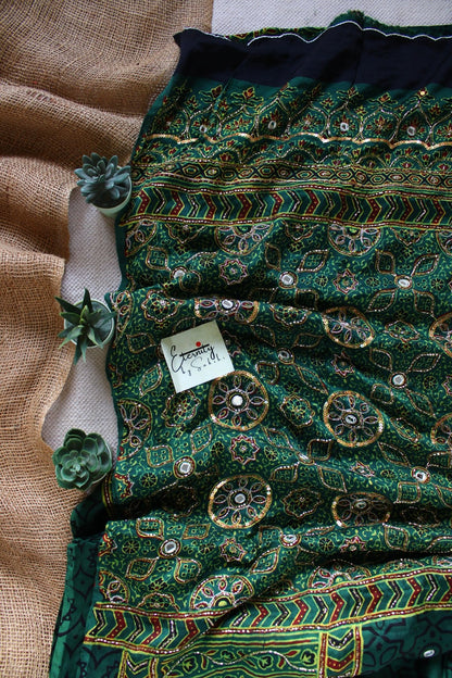 Zarina Green Ajrakh Modal Silk Saree with Artisan Handwork - Eternity by Sakshi