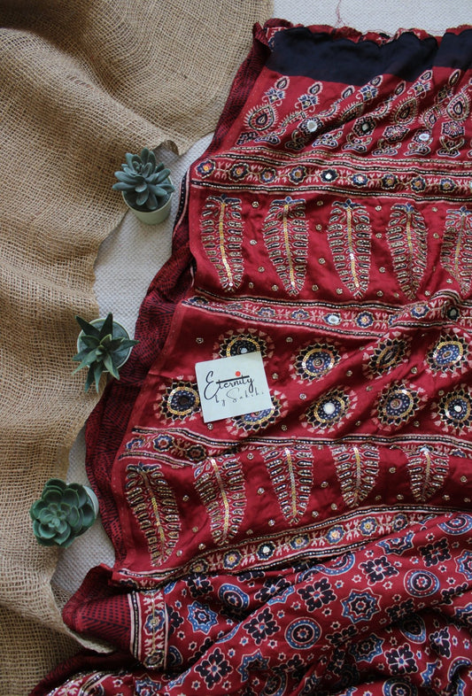 Roshna Ajrakh Modal Silk Saree with Artisan Handwork - Eternity by Sakshi