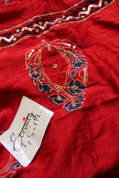 Rust & Mirror Ajrakh Modal Silk Saree with Artisan Handwork - Eternity by Sakshi