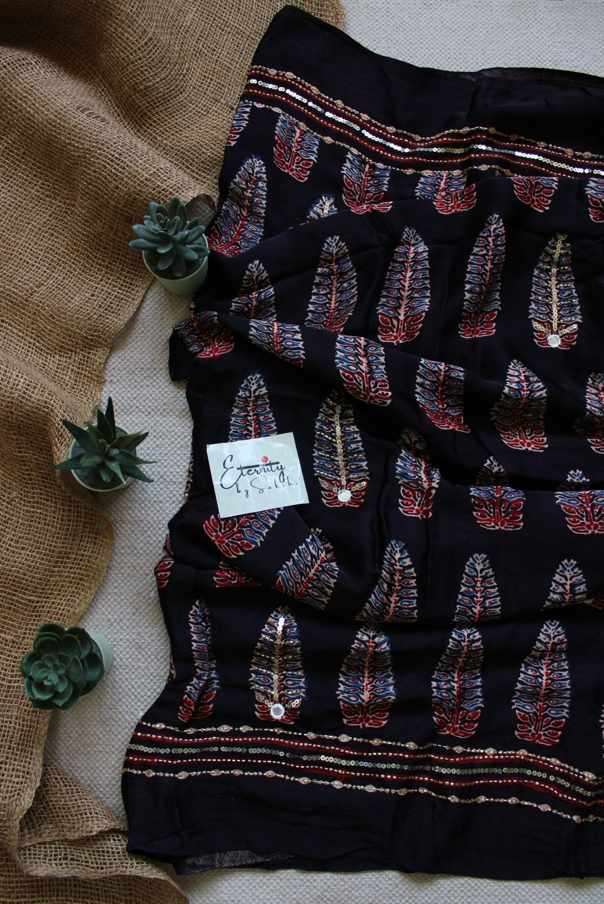 Rust & Mirror Ajrakh Modal Silk Saree with Artisan Handwork - Eternity by Sakshi