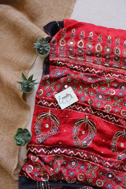 Rust & Mirror Ajrakh Modal Silk Saree with Artisan Handwork - Eternity by Sakshi
