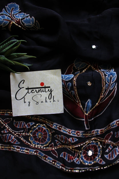 Noorva Ajrakh Modal Silk Saree with Artisan Handwork - Eternity by Sakshi