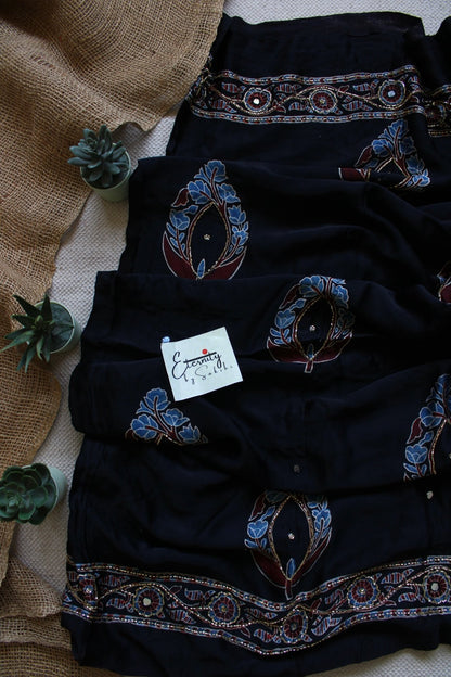Noorva Ajrakh Modal Silk Saree with Artisan Handwork - Eternity by Sakshi