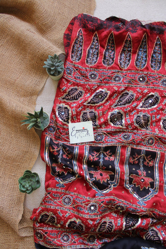 Noorva Ajrakh Modal Silk Saree with Artisan Handwork - Eternity by Sakshi
