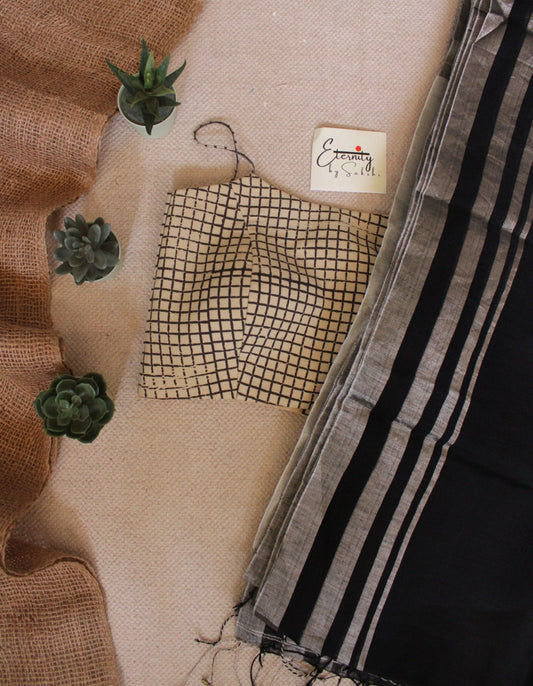 Black Linen Saree + Cream Chequered Ready to Wear Blouse Combo - Eternity by Sakshi