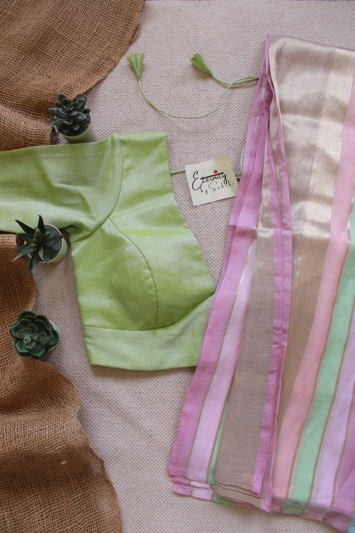 Pastel Whisper Tissue Saree - Onam + Mint Molten Blouse Combo - Eternity by Sakshi