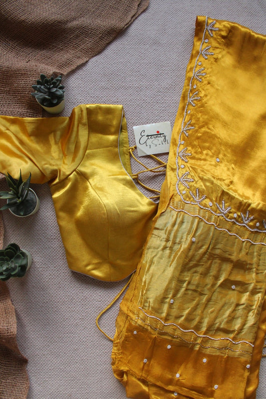 Yellow Modal Handwork Saree + Heer Sunehri Backless Blouse Combo - Eternity by Sakshi