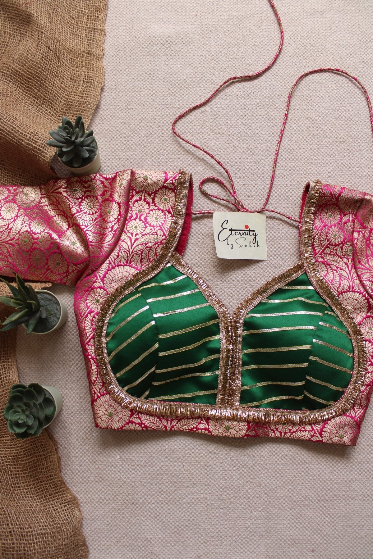 Pink Navratri Banarasi Brocade Blouse | Padded, Back Hook - Eternity by Sakshi