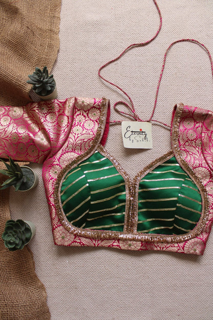 Pink Navratri Banarasi Brocade Blouse | Padded, Back Hook - Eternity by Sakshi