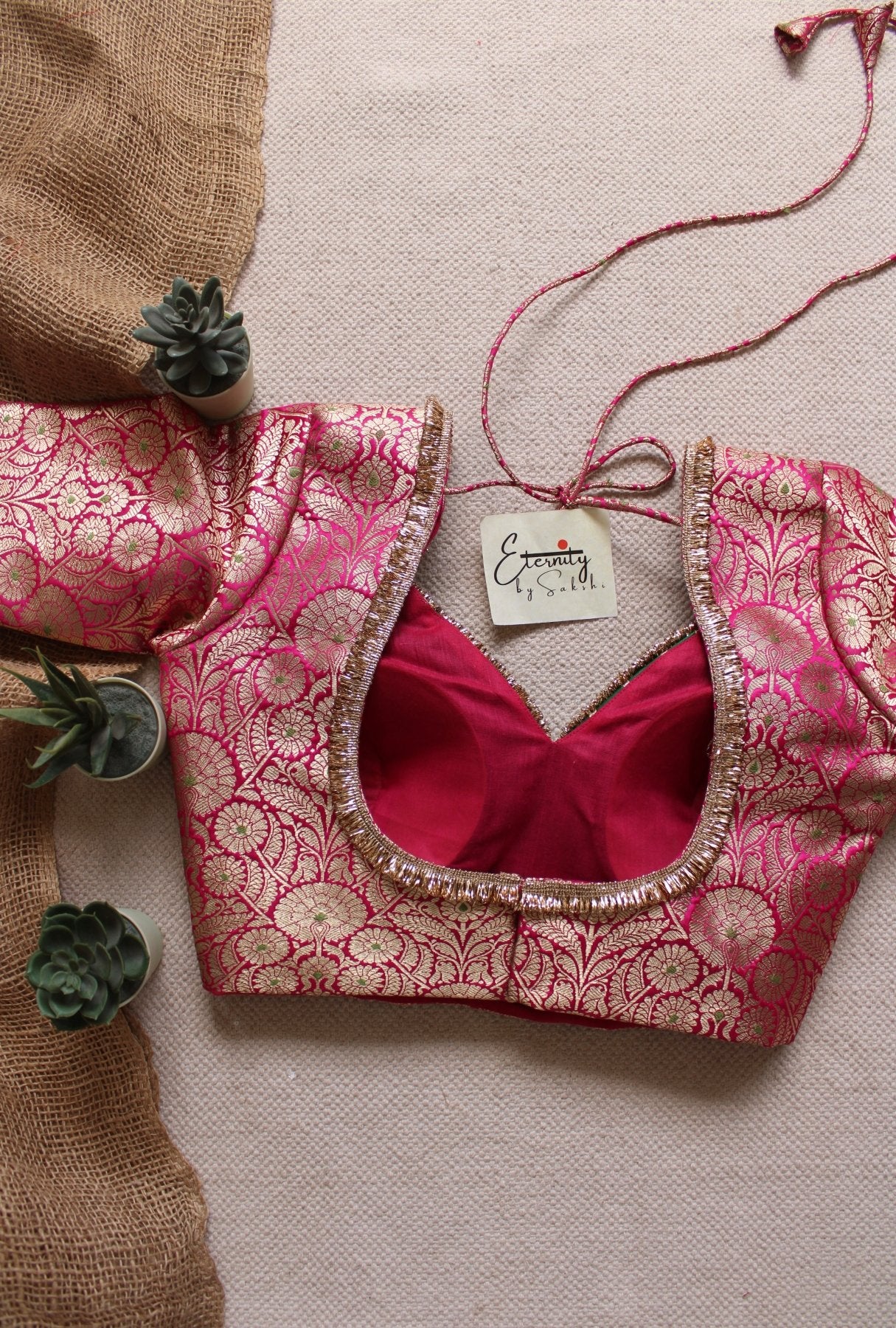 Pink Navratri Banarasi Brocade Blouse | Padded, Back Hook - Eternity by Sakshi