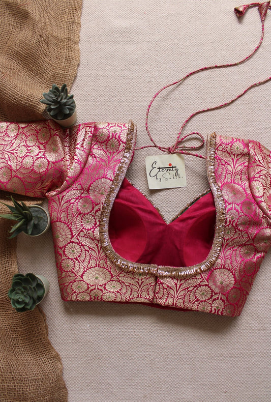 Pink Navratri Banarasi Brocade Blouse | Padded, Back Hook - Eternity by Sakshi