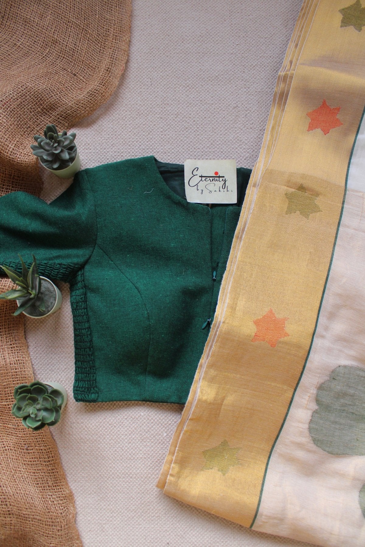 Golden Dusk Cotton Tissue Silk Saree + Green Leafy Double Zip Mood With Sleeves Stretchable Blouse Combo - Eternity by Sakshi
