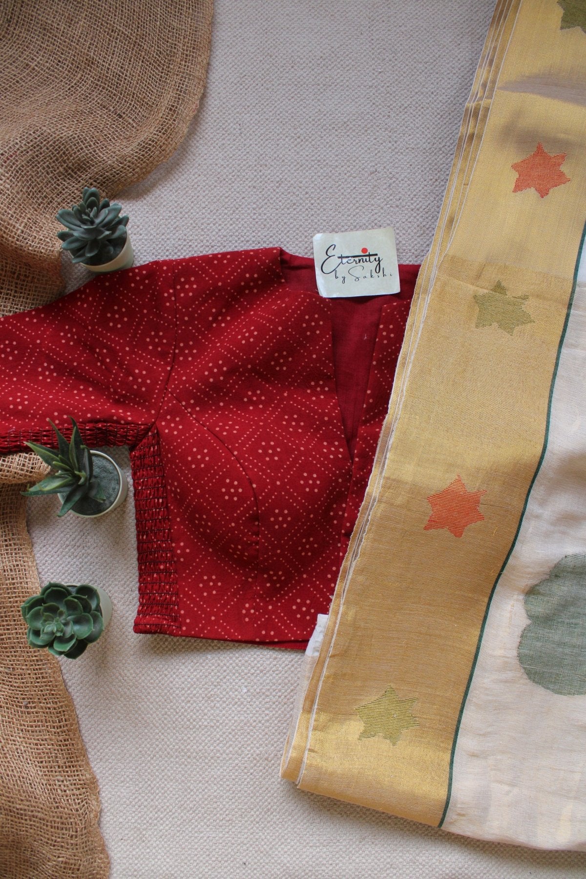 Golden Dusk Cotton Tissue Silk Saree + Maroon Vanilla Ajrakh Stretchable Blouse Combo - Eternity by Sakshi
