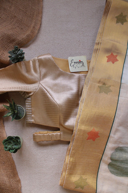Golden Dusk Handloom Cotton Tissue Silk Saree for Onam + Desert Stretchable Cutout Metallic Blouse Combo - Eternity by Sakshi
