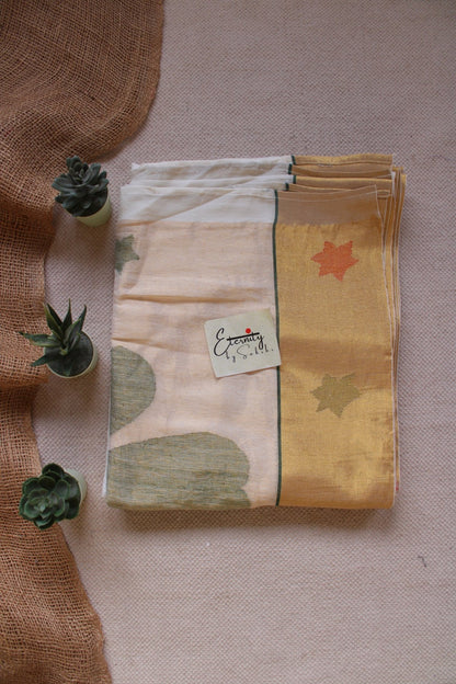 Golden Dusk Cotton Tissue Silk Saree + Green Leafy Double Zip Mood With Sleeves Stretchable Blouse Combo - Eternity by Sakshi
