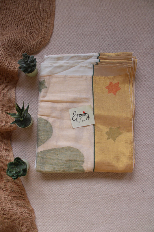 Golden Dusk Cotton Tissue Silk Saree + Green Leafy Double Zip Mood With Sleeves Stretchable Blouse Combo - Eternity by Sakshi
