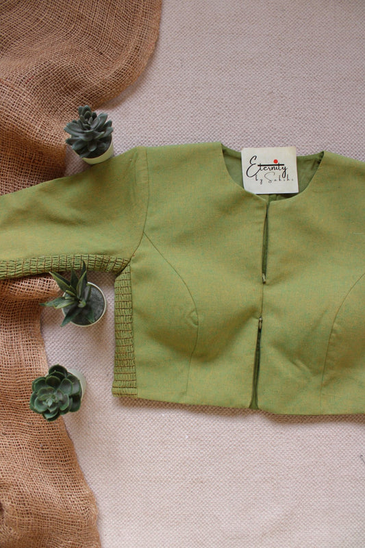 Green Petal Double Zip Mood With Sleeves Stretchable Blouse - Eternity by Sakshi