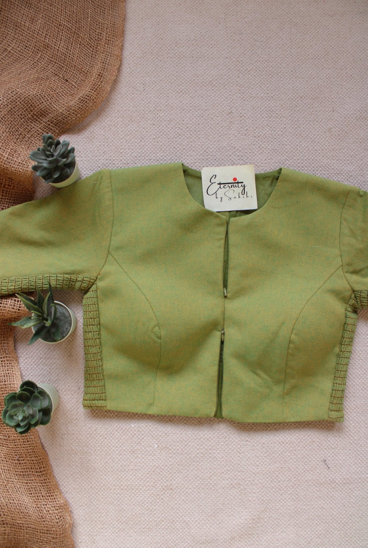 Green Petal Double Zip Mood With Sleeves Stretchable Blouse - Eternity by Sakshi