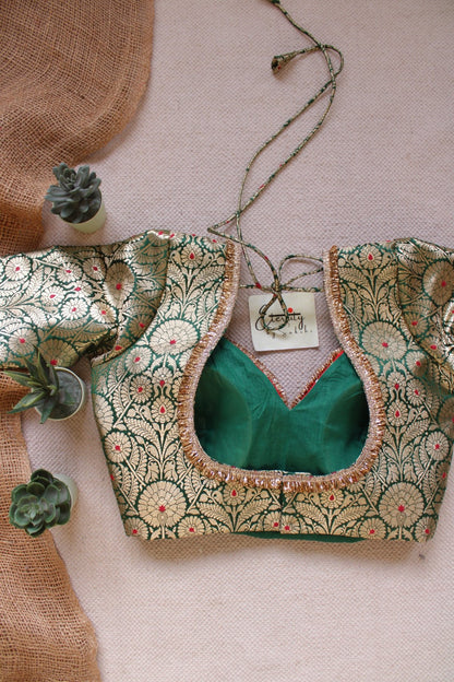 Green Noor Navratri Banarasi Brocade Blouse | Padded, Back Hook - Eternity by Sakshi