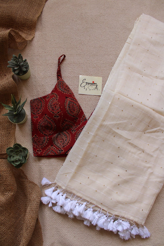 White Tara Saree + Maroon Ajrakh Blouse Combo - Eternity by Sakshi