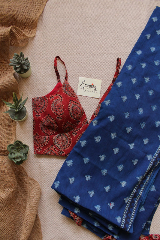 Indigo Glory Handblockprinted Cotton Saree + Maroon Ajrakh Blouse Combo - Eternity by Sakshi