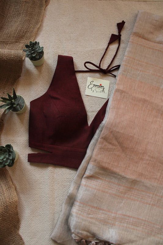 Copper Metallic Linen Saree + Maroon Cutout Stretchable Blouse Combo - Eternity by Sakshi