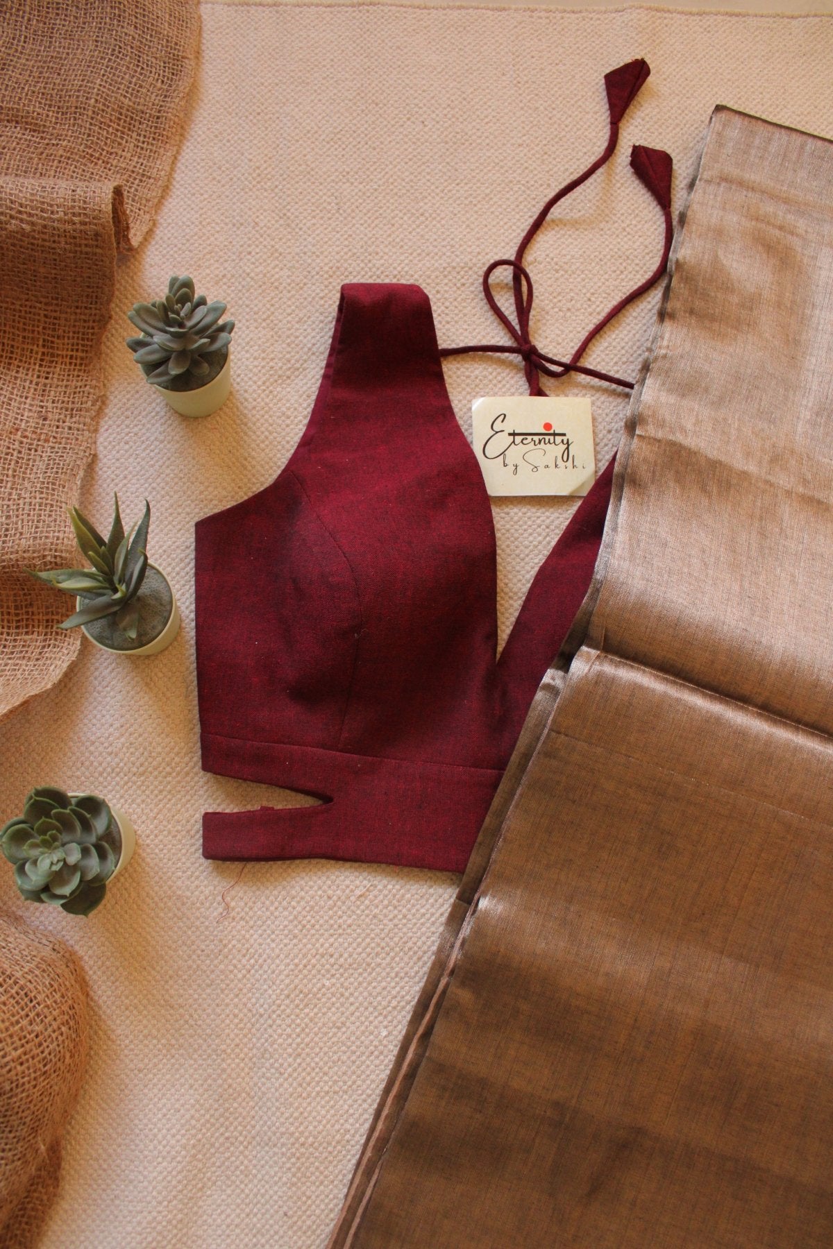 Padma Metallic Saree + Maroon Cutout Stretchable Blouse Combo - Eternity by Sakshi