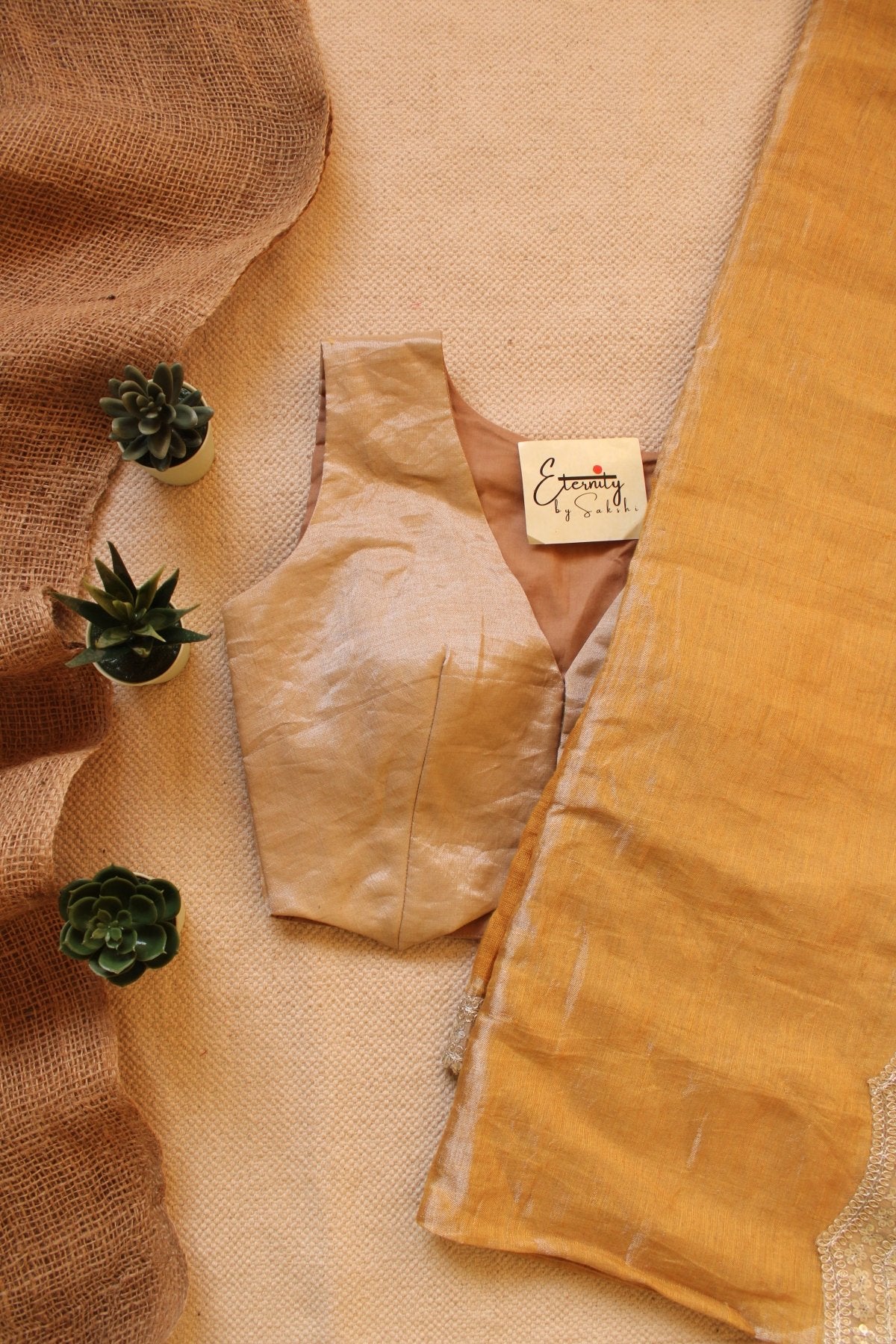Turmeric Metallic Linen Saree + Zari Waistcoat Blouse Combo - Eternity by Sakshi