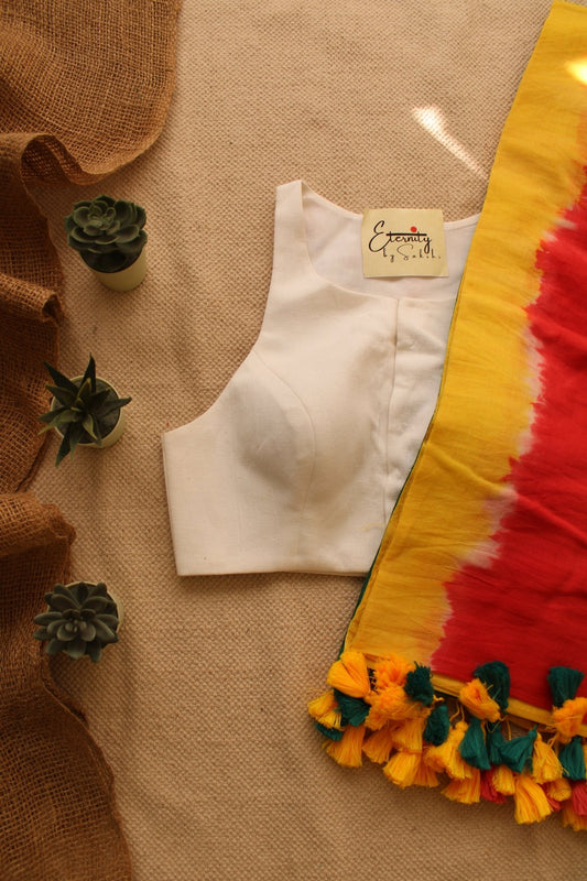 Yellow Tie and Dye Saree + Gulmohar White Blouse Combo - Eternity by Sakshi