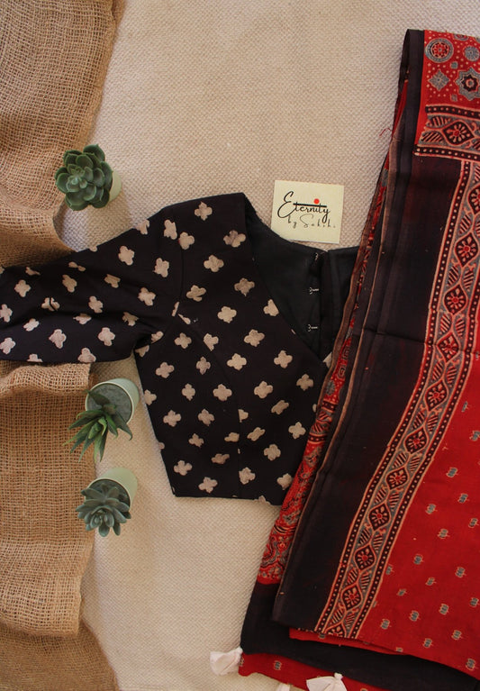 Rust Malang Saree + Black Ajrakh Blouse Combo - Eternity by Sakshi