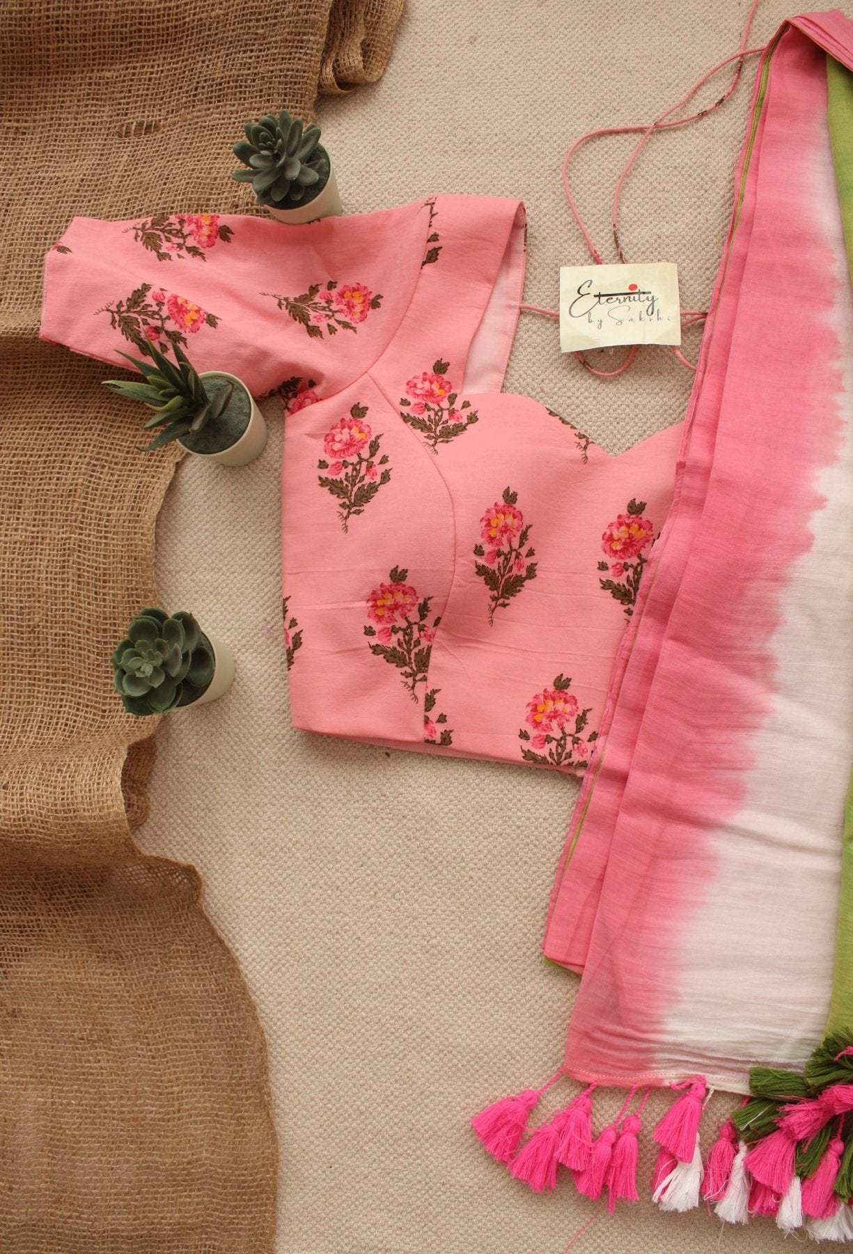 Pink Tie And Dye Saree + Pink Floral Blouse Combo - Eternity by Sakshi