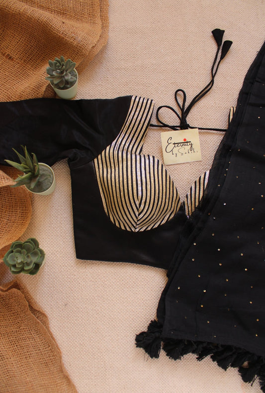 Black Tara Saree + Black Striped Silk Blouse Combo - Eternity by Sakshi