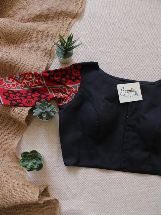 Red Sleeves Black Ajrakh Blouse