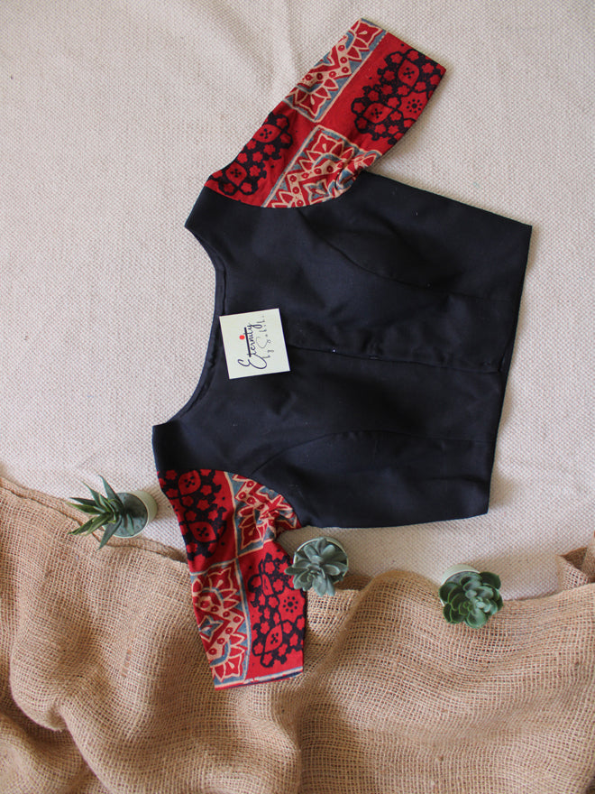 Red Sleeves Black Ajrakh Blouse