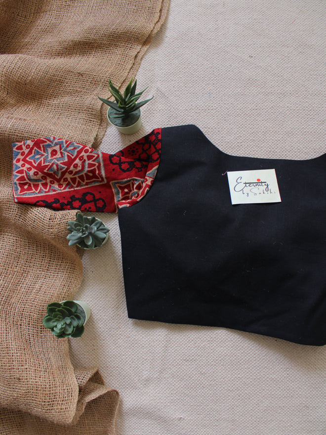 Red Sleeves Black Ajrakh Blouse