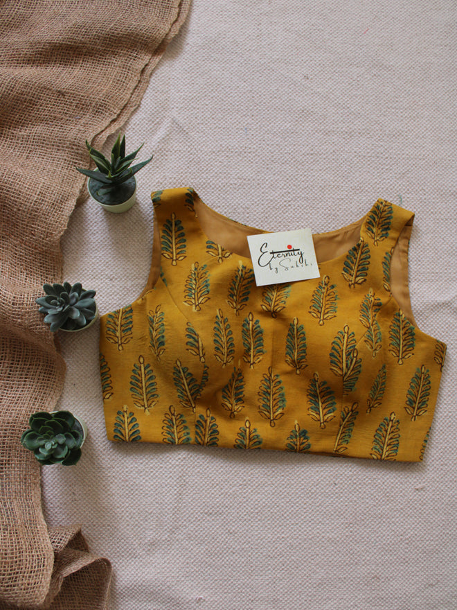 Yellow Leafy Ajrakh Boatneck Blouse 