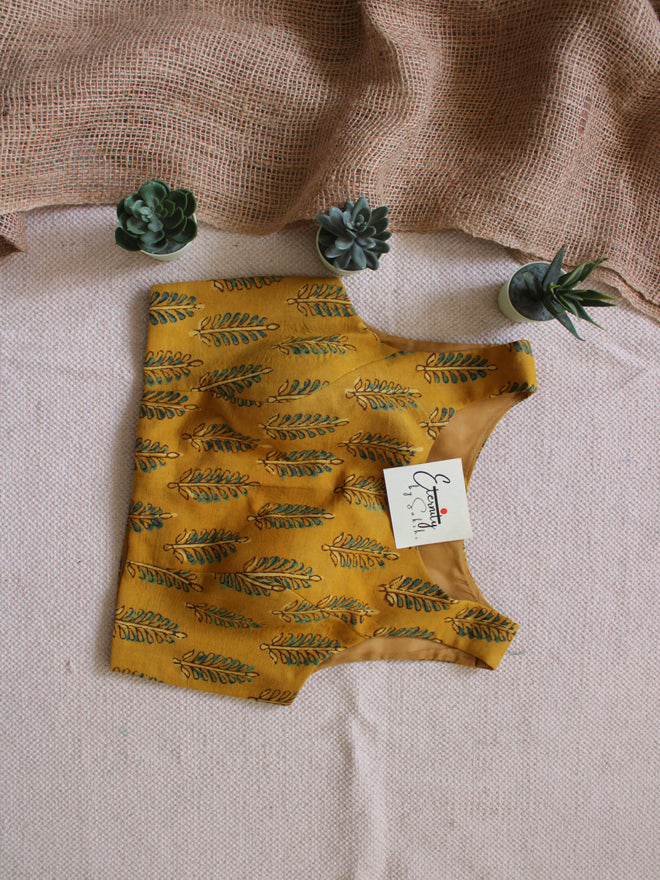 Yellow Leafy Ajrakh Boatneck Blouse 