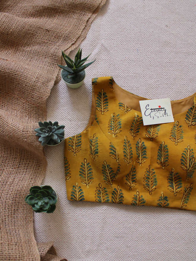 Yellow Leafy Ajrakh Boatneck Blouse 