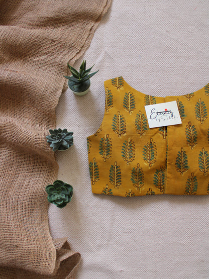 Yellow Leafy Ajrakh Boatneck Blouse 